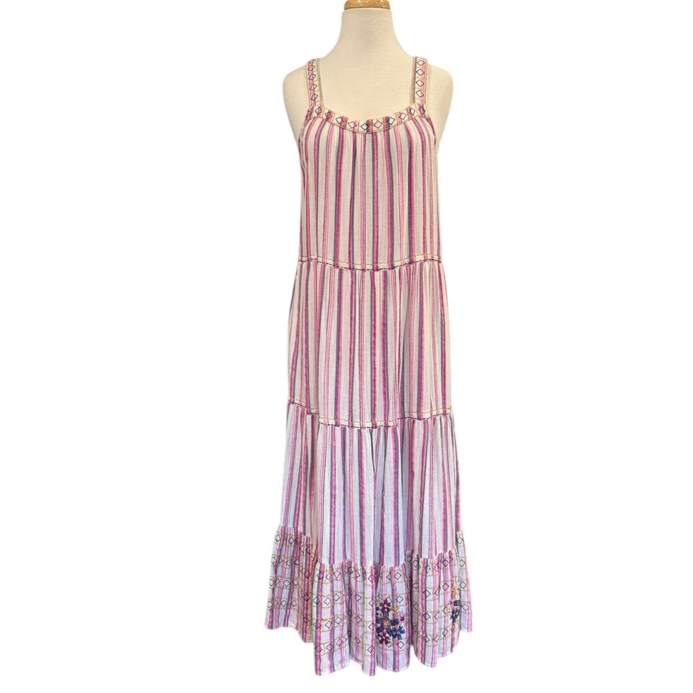 Sundance Veria Midi Tiered Pockets Striped Embroidered Sleeveless Boho Medium - Picture 2 of 9